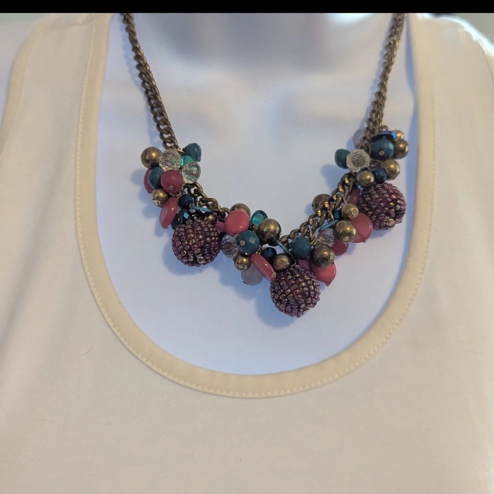 AA10 Sfera Gold Toned Multi Colored Blue Pink Beaded Cluster Statement Necklace